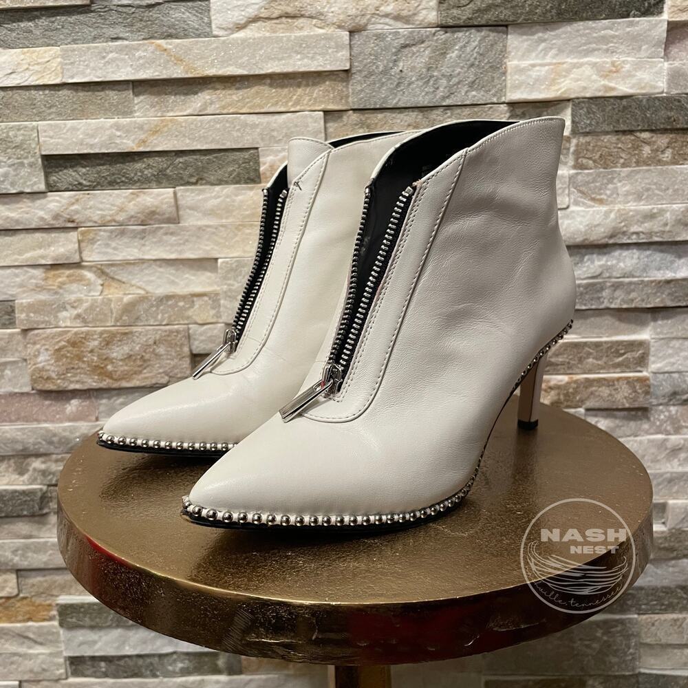 BCBGeneration Ivory White Leather Studded Zip Heeled Booties | Y2K Style, 5M